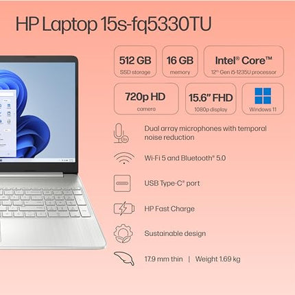 HP 15s, 12th Gen Intel Core i5-1235U,16GB DDR4, 512GB SSD (Win11, Office21, Silver, 1.69kg) Anti-Glare,15.6-inch(39.6cm), FHD Laptop, Intel Iris Xe Graphics, Backlit KB, HD Camera, fq5330TU 