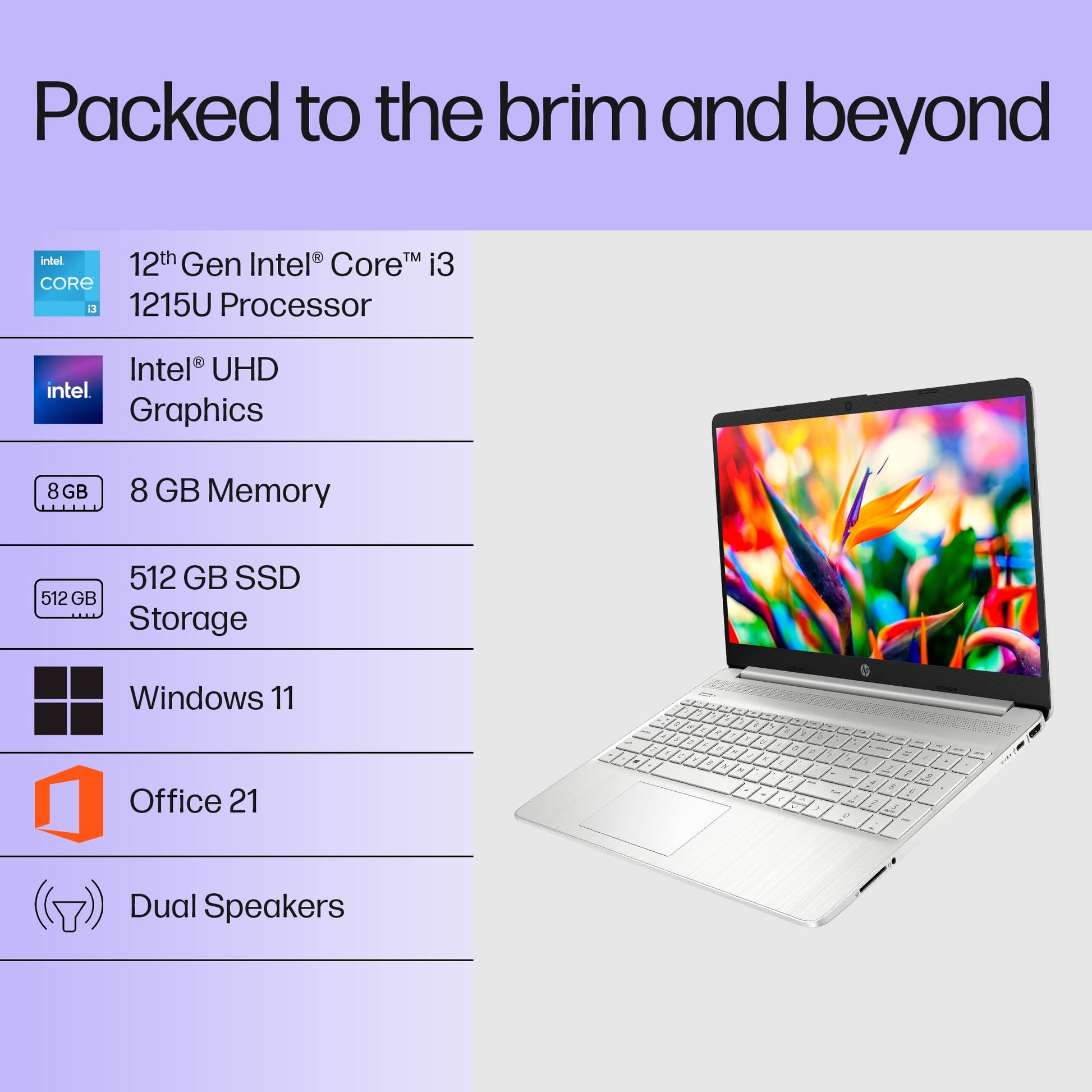 HP 15s, 12th Gen Intel Core i3-1215U, 8GB DDR4, 512GB SSD, (Win 11, Office 21, Silver, 1.69kg) Anti-glare, Micro-edge, 15.6-inch(39.6cm) FHD laptop, Intel UHD Graphics, HD camera, Backlit KB, fq5327tu 