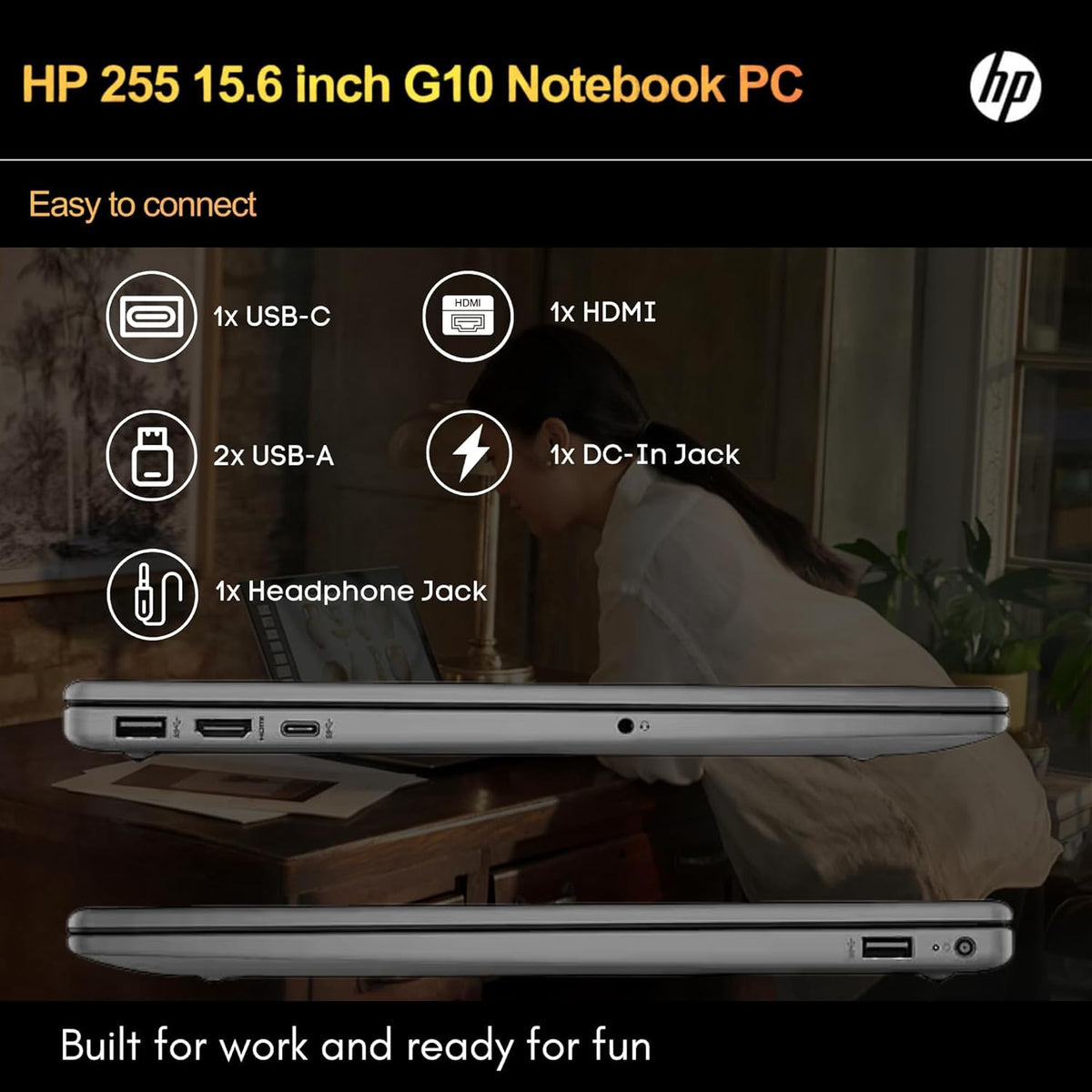 HP 255 G10 Laptop for Home or Work, 16GB RAM, 512GB SSD, 15.6" Full HD, Ryzen 3 7330U (Beat Intel i5-1135G7), HDMI, USB-C, Windows 11 Pro, Business and Fun Ready 