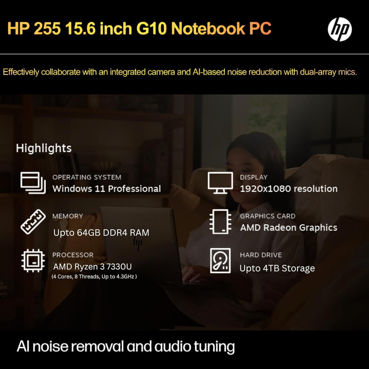 HP 255 G10 Laptop for Home or Work, 16GB RAM, 512GB SSD, 15.6" Full HD, Ryzen 3 7330U (Beat Intel i5-1135G7), HDMI, USB-C, Windows 11 Pro, Business and Fun Ready 