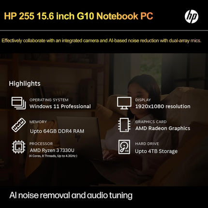 HP 255 G10 Laptop for Home or Work, 16GB RAM, 512GB SSD, 15.6" Full HD, Ryzen 3 7330U (Beat Intel i5-1135G7), HDMI, USB-C, Windows 11 Pro, Business and Fun Ready 