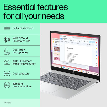 HP Chromebook 14, Chrome OS, Intel Processor N100, Chromeos, 14-Inch (35.6 Cm),Hd, 4Gb LpDDR5,64GB Emmc, Intel UHD Graphics, 720P HD Camera W/Privacy Shutter, Thin & Light (Silver, 1.45 Kg), Nf0014Tu 