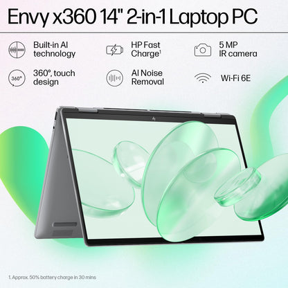 HP Envy x360 AI Laptop, Intel Core Ultra 5 125U, 12 Tops, 16GB LPDDR5, 512GB SSD, (Win11, Office21, Grey, 1.39 kg) Touchscreen, 2K, 14-inch(35.6cm), Integrated Graphics, 5MP IR Camera, fc0105TU 