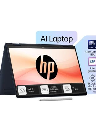 HP Envy x360 AI Laptop, Intel Core Ultra 5 125U, 12 TOPS, 16GB LPDDR5, 512GB SSD, (Win11, Office21, Blue, 1.44 kg) Touchscreen, 3K, OLED, 14-inch (35.6cm), Integrated graphics, 5MP IR camera, fc0078TU 