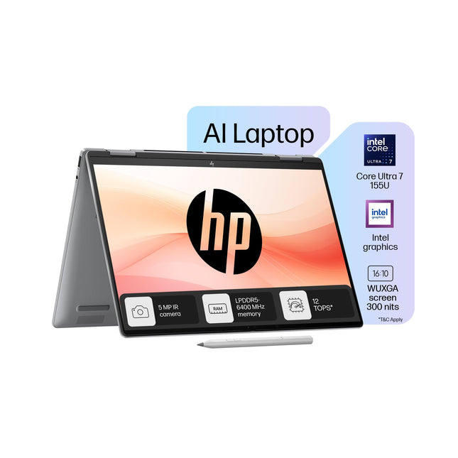 HP Envy x360, Intel Core Ultra 7-155U AI Laptop (16GB RAM, 512GB SSD) Touchscreen 2-in-1, IPS, WUXGA, 14"/35.6cm, Win 11, MS Office 2021, Silver, 1.39Kg, Integrated Graphics, 5MP IR Camera, fc0106TU 