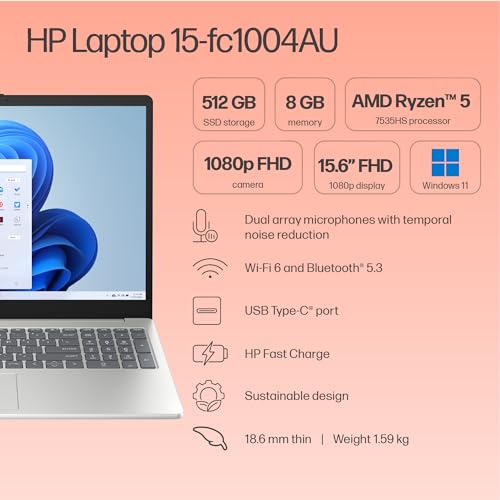 HP Laptop 15, Enhanced by AI, AMD Ryzen 5 7535HS, 15.6-inch (39.6cm), FHD, 8GB DDR5, 512GB SSD, AMD Radeon Graphics, 1080p FHD Camera w/Privacy Shutter, Backlit KB (Win 11, Silver, 1.59kg), fc1004AU 