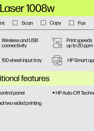 HP Laser 1008W Monochrome Laser Printers,Wireless,Single Function,Print,Hi-Speed USB 2.0Up to 21 Ppm,150-Sheet Input Tray,100-Sheet Output Tray,10,000Page Duty Cycle,1Year Warranty,Black&White,714Z9A 