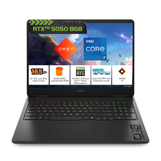 HP Omen, 14th Gen Intel Core i7-14650HX, 8GB RTX 5050, 24GB DDR5(Upgradeable) 1TB SSD, 165Hz, 2k WUXGA, 3ms, 400 nits, 16''/40.6cm, Win11, M365* Office24, Black, 2.43kg, am0241TX, RGB Gaming Laptop 