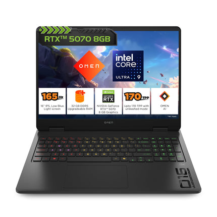 HP Omen, Intel Core Ultra 9 285H, 8GB RTX 5070, 32GB DDR5, 1TB SSD, 165Hz, 2k WUXGA, 3ms, 400 nits, 16''/40.6cm, Win11, M365* Office24, Black, 2.42kg, an0012TX, Unleashed Mode, RGB, AI Gaming Laptop 