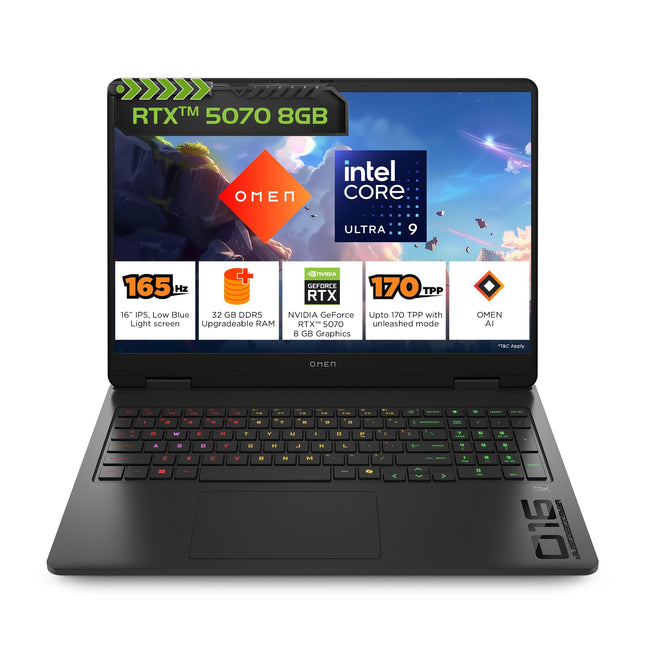 HP Omen, Intel Core Ultra 9 285H, 8GB RTX 5070, 32GB DDR5, 1TB SSD, 165Hz, 2k WUXGA, 3ms, 400 nits, 16''/40.6cm, Win11, M365* Office24, Black, 2.42kg, an0012TX, Unleashed Mode, RGB, AI Gaming Laptop 