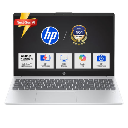 HP OmniBook 3 AMD Ryzen AI 5 340 Next Gen AI Laptop, (16GB DDR5, 512GB SSD), Anti-Glare,15.6''/39.6cm FHD, Win11,Office24, Silver,1.7kg, FHD Camera w/Privacy Shutter, fn0007AU 