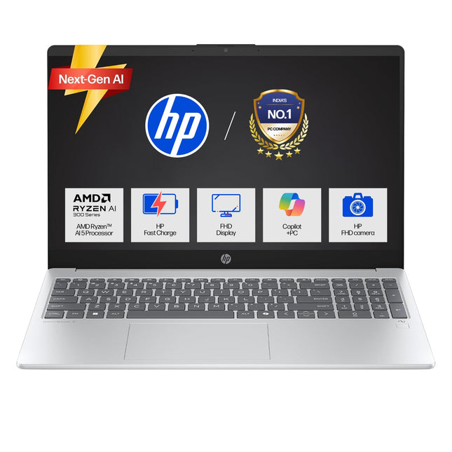 HP OmniBook 3 AMD Ryzen AI 5 340 Next Gen AI Laptop, (16GB DDR5, 512GB SSD), Anti-Glare,15.6''/39.6cm FHD, Win11,Office24, Silver,1.7kg, FHD Camera w/Privacy Shutter, fn0007AU 