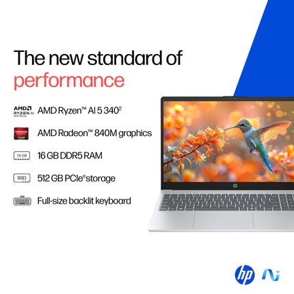 HP OmniBook 3 AMD Ryzen AI 5 340 Next Gen AI Laptop, (16GB DDR5, 512GB SSD), Anti-Glare,15.6''/39.6cm FHD, Win11,Office24, Silver,1.7kg, FHD Camera w/Privacy Shutter, fn0007AU 