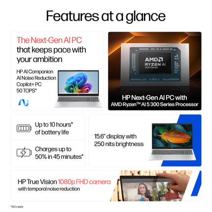 HP OmniBook 3 AMD Ryzen AI 5 340 Next Gen AI Laptop, (16GB DDR5, 512GB SSD), Anti-Glare,15.6''/39.6cm FHD, Win11,Office24, Silver,1.7kg, FHD Camera w/Privacy Shutter, fn0007AU 