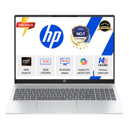 HP Smartchoice OmniBook 5 (Previously Pavilion) 50 TOPS, AMD Ryzen AI 7 350 (16GB LPDDR5X, 512GB SSD) WUXGA 2K, Touch, 16''/40.6cm, Win11,Office24, Silver, 1.8kg, ag1048au, Next-Gen AI Copilot+ Laptop 