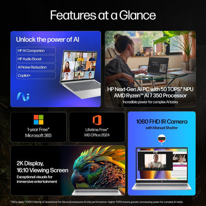 HP Smartchoice OmniBook 5 (Previously Pavilion) 50 TOPS, AMD Ryzen AI 7 350 (16GB LPDDR5X, 512GB SSD) WUXGA 2K, Touch, 16''/40.6cm, Win11,Office24, Silver, 1.8kg, ag1048au, Next-Gen AI Copilot+ Laptop 