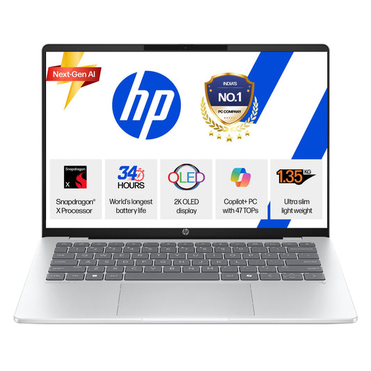 HP OmniBook 5 OLED (Previously Pavilion), Snapdragon X Processor (16GB LPDDR5x, 512GB SSD) 2K, 14''/35.6cm, Win11, M365 Basic(1yr)* Office24, Silver, 1.35kg, he0014QU, Light-Weight, Next-Gen AI Laptop 