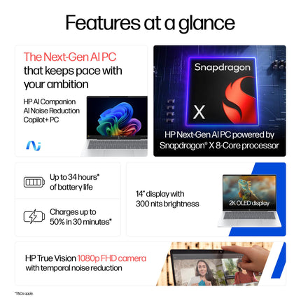 HP OmniBook 5 OLED (Previously Pavilion), Snapdragon X Processor (16GB LPDDR5x, 1TB SSD) 2K, 14''/35.6cm, Win11, M365 Basic(1yr)* Office24, Silver, 1.35kg, he0015QU, Light-Weight, Next-Gen AI Laptop 