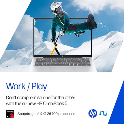 HP OmniBook 5 OLED (Previously Pavilion), Snapdragon X Processor (16GB LPDDR5x, 512GB SSD) 2K, 14''/35.6cm, Win11, M365 Basic(1yr)* Office24, Silver, 1.35kg, he0014QU, Light-Weight, Next-Gen AI Laptop 