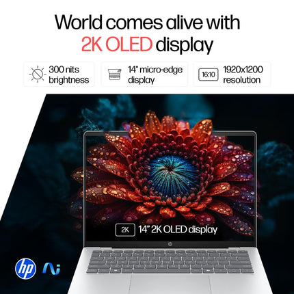 HP OmniBook 5 OLED (Previously Pavilion), Snapdragon X Processor (16GB LPDDR5x, 512GB SSD) 2K, 14''/35.6cm, Win11, M365 Basic(1yr)* Office24, Silver, 1.35kg, he0014QU, Light-Weight, Next-Gen AI Laptop 