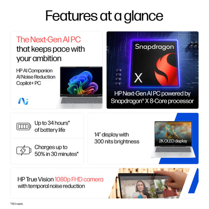 HP OmniBook 5 OLED (Previously Pavilion), Snapdragon X Processor (16GB LPDDR5x, 512GB SSD) 2K, 14''/35.6cm, Win11, M365 Basic(1yr)* Office24, Silver, 1.35kg, he0014QU, Light-Weight, Next-Gen AI Laptop 