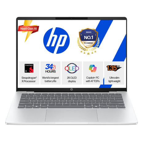 HP OmniBook 5 OLED (Previously Pavilion), Snapdragon X Processor (16GB LPDDR5x, 1TB SSD) 2K, 14''/35.6cm, Win11, M365 Basic(1yr)* Office24, Silver, 1.35kg, he0015QU, Light-Weight, Next-Gen AI Laptop 