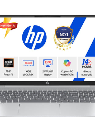 HP Smartchoice OmniBook 5 (Previously Pavilion) 50 Tops, AMD Ryzen AI 5 340 (16GB LPDDR5X, 512GB SSD) WUXGA 2K, 16''/40.6cm, Win11, Office24, Silver, 1.79kg, ag1037au, Next Gen AI Copilot+ Laptop 