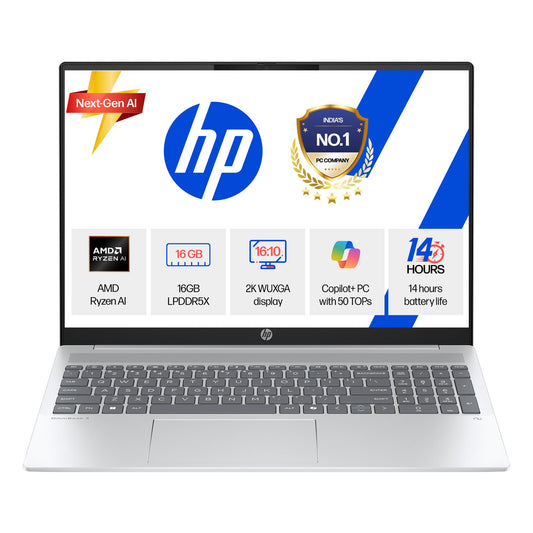 HP Smartchoice OmniBook 5 (Previously Pavilion) 50 Tops, AMD Ryzen AI 5 340 (16GB LPDDR5X, 512GB SSD) WUXGA 2K, 16''/40.6cm, Win11, Office24, Silver, 1.79kg, ag1037au, Next Gen AI Copilot+ Laptop 