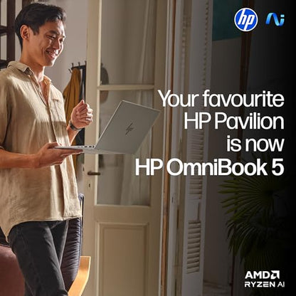 HP Smartchoice OmniBook 5 (Previously Pavilion) 50 Tops, AMD Ryzen AI 5 340 (16GB LPDDR5X, 512GB SSD) WUXGA 2K, 16''/40.6cm, Win11, Office24, Silver, 1.79kg, ag1037au, Next Gen AI Copilot+ Laptop 