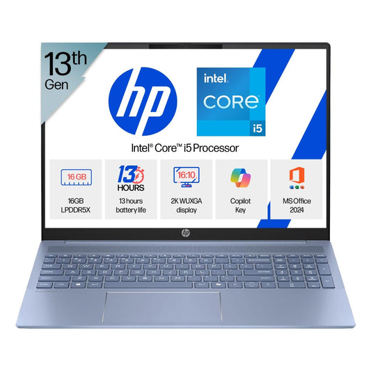 HP OmniBook 5 Metallic(Previously Pavilion) 13th Gen Intel Core i5 1334U (16GB LPDDR5X, 512GB SSD) WUXGA, 2K, IPS, 16''/40.6cm, Win11, M365 Basic(1yr)*Office24, Blue,1.79kg, ba1123TU,FHD camera Laptop 