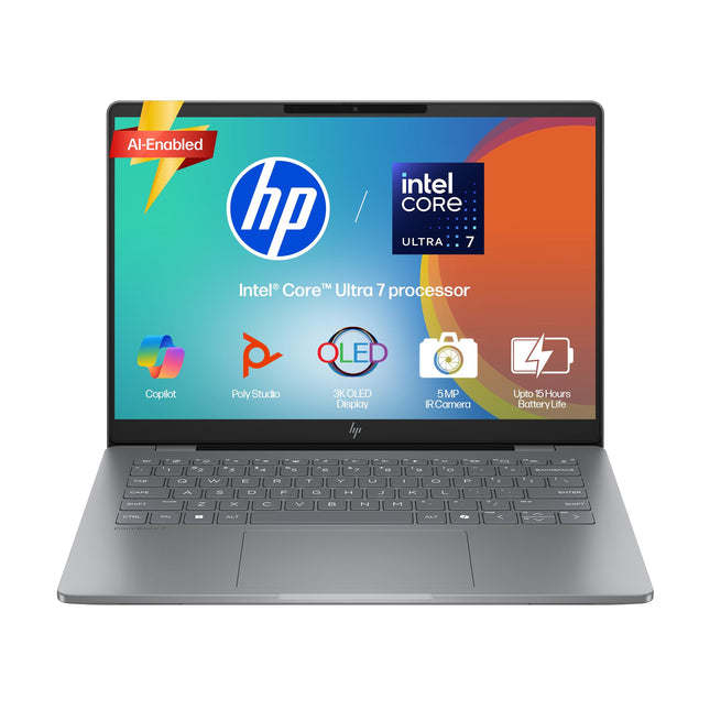 HP OmniBook 7 OLED, Intel Core Ultra 7 255H (32GB LPDDR5,1TB SSD), 3K, 0.2 ms, Micro-Edge, 14''/35.6cm, Win 11, M365, Office 24, Meteor Silver,1.5kg, fr0116TU, 5MP Camera w/Shutter, Backlit AI Laptop 