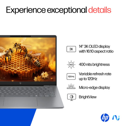 HP OmniBook 7 OLED, Intel Core Ultra 7 255H (32GB LPDDR5,1TB SSD), 3K, 0.2 ms, Micro-Edge, 14''/35.6cm, Win 11, M365, Office 24, Meteor Silver,1.5kg, fr0116TU, 5MP Camera w/Shutter, Backlit AI Laptop 