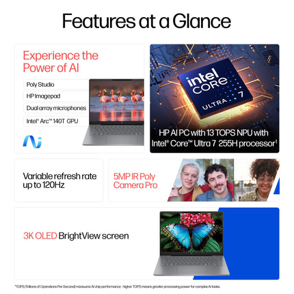 HP OmniBook 7 OLED, Intel Core Ultra 7 255H (32GB LPDDR5,1TB SSD), 3K, 0.2 ms, Micro-Edge, 14''/35.6cm, Win 11, M365, Office 24, Meteor Silver,1.5kg, fr0116TU, 5MP Camera w/Shutter, Backlit AI Laptop 