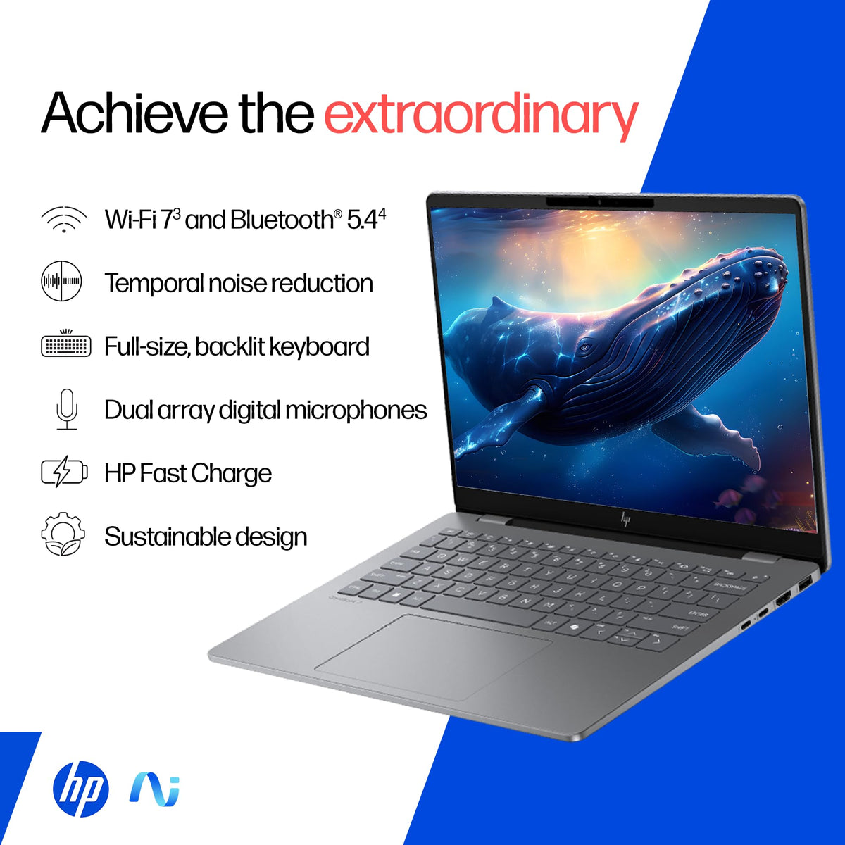 HP OmniBook 7 OLED, Intel Core Ultra 7 255H (32GB LPDDR5,1TB SSD), 3K, 0.2 ms, Micro-Edge, 14''/35.6cm, Win 11, M365, Office 24, Meteor Silver,1.5kg, fr0116TU, 5MP Camera w/Shutter, Backlit AI Laptop 
