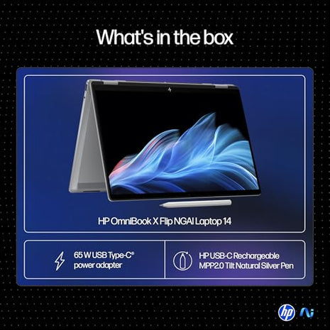 HP OmniBook X Flip OLED (Previously Envy), Intel Core Ultra 5 226V, 40 Tops, (16GB LPDDR5X, 512GB SSD) 3K, 14''/35.6cm, Touch, Win11, Office24, Silver,1.38kg, fm0058TU, 5MP Camera, Next Gen AI Laptop 