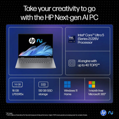 HP OmniBook X Flip OLED (Previously Envy), Intel Core Ultra 5 226V, 40 Tops, (16GB LPDDR5X, 512GB SSD) 3K, 14''/35.6cm, Touch, Win11, Office24, Silver,1.38kg, fm0058TU, 5MP Camera, Next Gen AI Laptop 