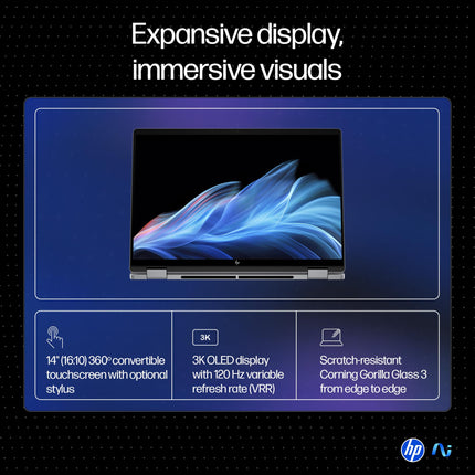 HP OmniBook X Flip OLED (Previously Envy), Intel Core Ultra 5 226V, 40 Tops, (16GB LPDDR5X, 512GB SSD) 3K, 14''/35.6cm, Touch, Win11, Office24, Silver,1.38kg, fm0058TU, 5MP Camera, Next Gen AI Laptop 