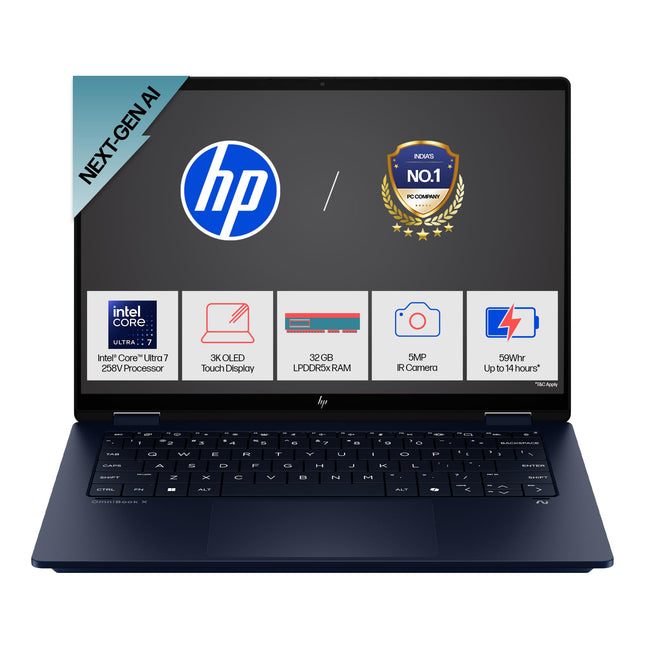 HP OmniBook X Flip (Previously Envy), Intel Core Ultra 7 258V Next Gen AI Laptop, 47 Tops (32GB LPDDR5X, 1TB SSD) 3K,OLED, 0.2ms,14''/35.6cm Touch, Win11, Office24, Blue, 1.38kg, 5MP Camera, fm0029TU 