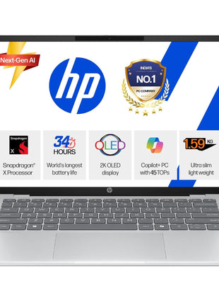 HP Omnibook 5 OLED, Snapdragon X X1 (16GB LPDDR5x,1TB SSD) 2K OLED, 0.2 ms, Micro-Edge, 16''/40.6cm, Win11, M365*Office24, Glacier Silver, 1.59kg, fb0001QU, FHD Camera, Backlit, Next-Gen AI Laptop 