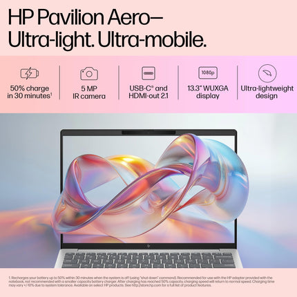 HP Pavilion Aero, AMD Ryzen 7-8840U AI Laptop, 16 Tops (16GB RAM, 512GB SSD), WUXGA 13.3"/33.8cm, Win 11, Office 2021, Silver, 1Kg, AMD Radeon Graphics, Ultra-Light, 5MP Camera, bg0017AU 