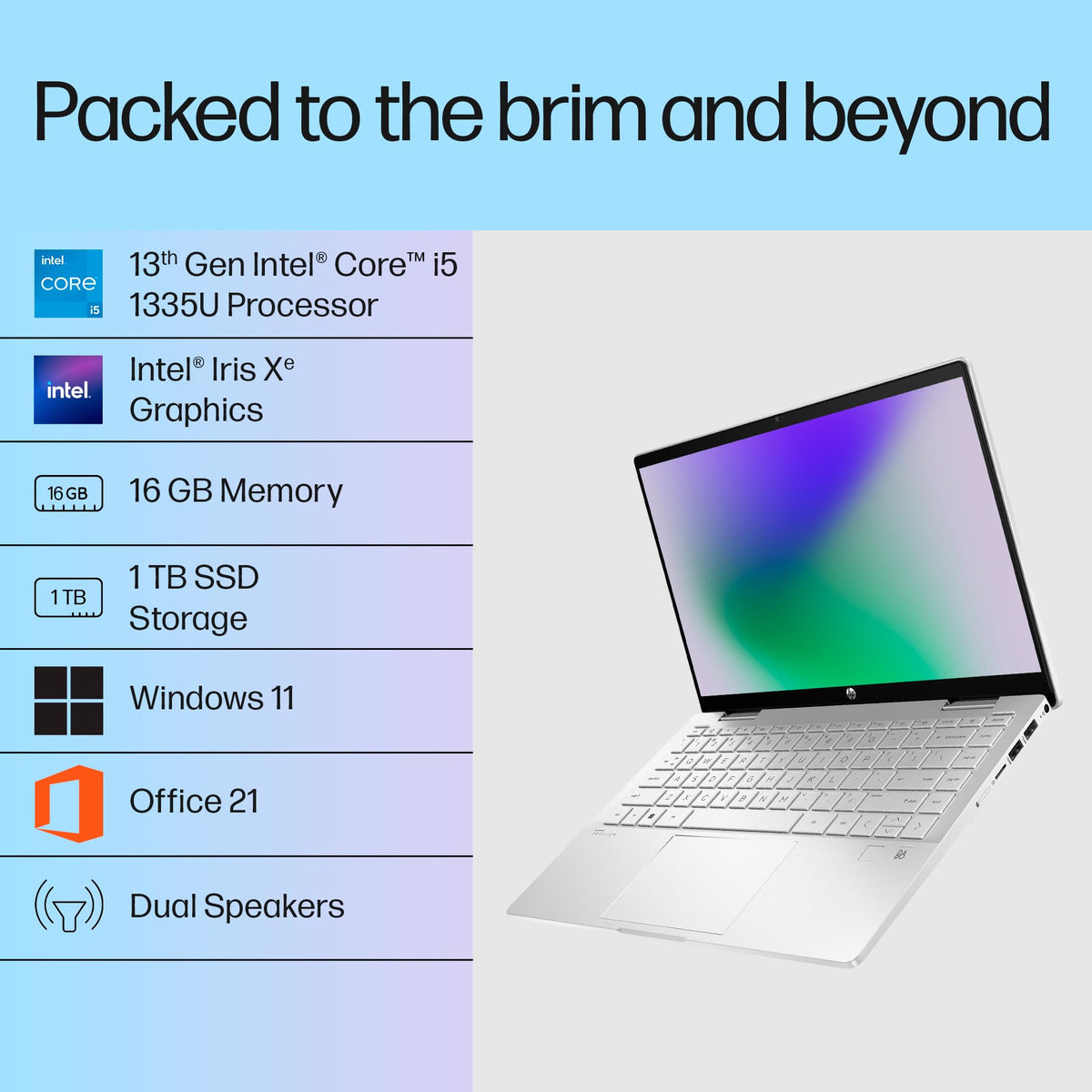 HP Pavilion x360, 13th Gen Intel Core i5-1335U (16GB DDR4, 1TB SSD) FHD, 14''/35.6 cm, Touchscreen 2-in-1, Win 11, Office 21, Silver, 1.51 kg, ek1010TU/1149tu, FPR, 5MP Camera, B&O, Backlit Laptop 