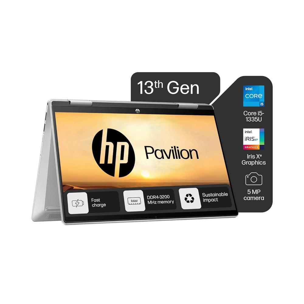 HP Pavilion x360, 13th Gen Intel Core i5-1355U (16GB DDR4, 512GB SSD),Touchscreen, IPS, 14-inch(35.6cm)FHD,Win11, M365 Basic(1year),Office Home24, Silver,1.5kg, Iris Xe, Backlit, 5MP Camera, ek1074TU
