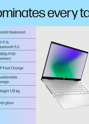 HP Pavilion x360, 13th Gen Intel Core i5-1355U (16GB DDR4, 512GB SSD),Touchscreen, IPS, 14-inch(35.6cm)FHD,Win11, M365 Basic(1year),Office Home24, Silver,1.5kg, Iris Xe, Backlit, 5MP Camera, ek1074TU 