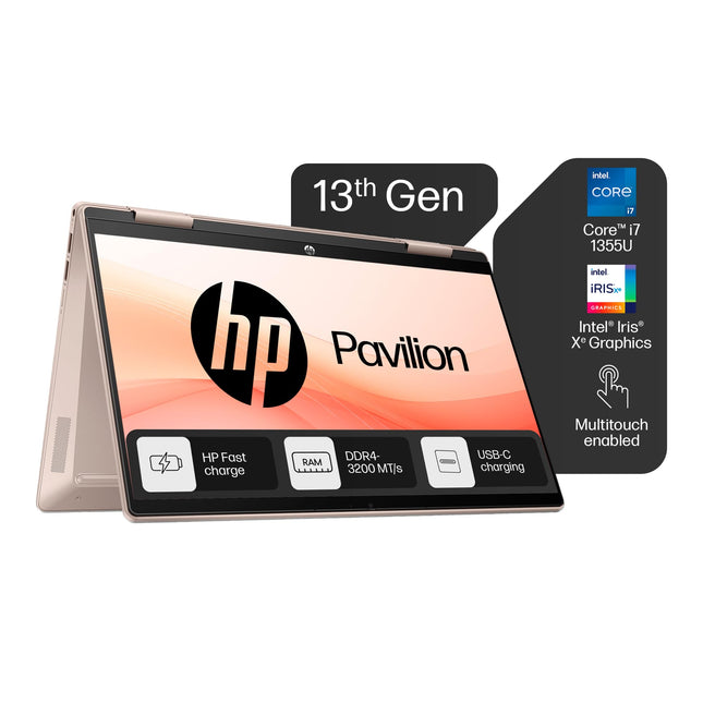 HP Pavilion x360, 13th Gen Intel Core i7-1355U (16GB DDR4, 512GB SSD), Touchscreen,IPS, 14''(35.6cm) FHD,Win 11, M365 Basic(1yr), Office Home 24, Rose gold,1.5kg,Iris Xe, Backlit, 5MP Camera, ek1152TU 