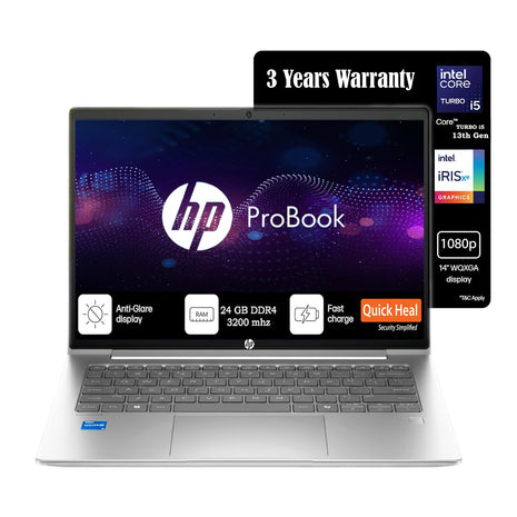 HP Pro Book14[New Launch], 13th Gen Intel Core i5-1335U Turbo Boost, 24GB DDR4, 512GB SSD, Win11 Pro, MSO21, 3 Year Warranty, IPS 14" FHD HDR Laptop, Finger Print, Backlit KB, Metal Body, Anti Virus 