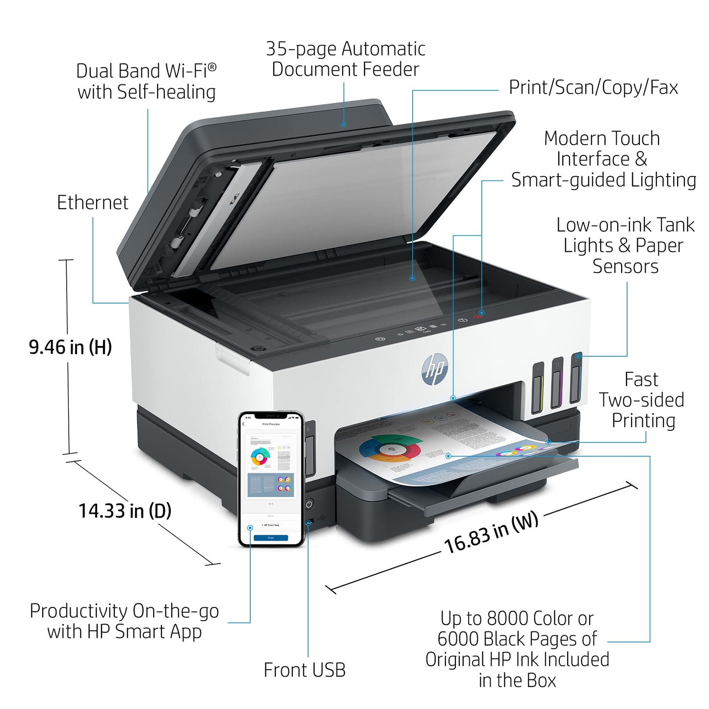 HP Smart Tank 790 All-in-One Auto Duplex WiFi Colour Printer with ADF and FAX, Print, Scan & Cope for Office with ADF and FAX 