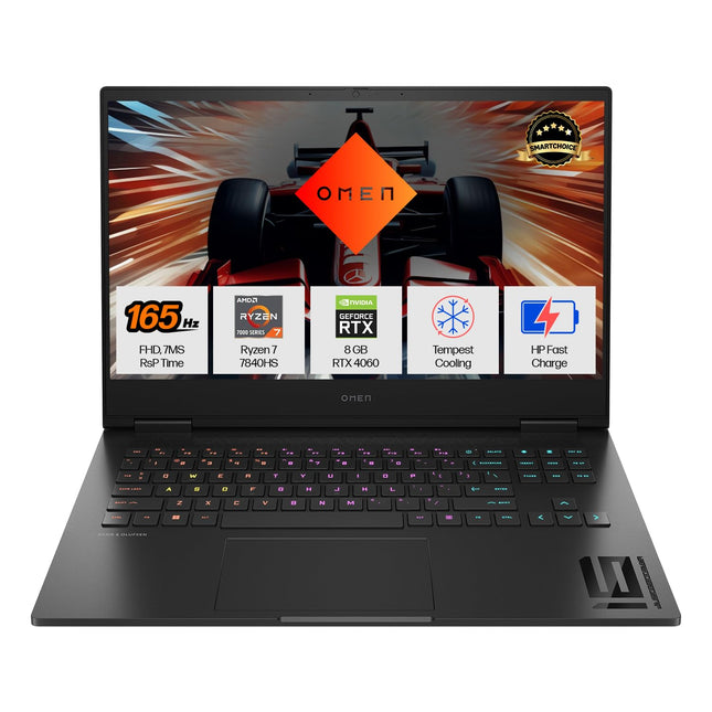 HP (Smartchoice Omen AMD Ryzen 7 7840Hs/16.1"(40.9cm) AI Gaming Laptop 7Ms Response Time(8gb RTX 4060/16GB DDR5/SSD,1TB) FHD,IPS,165Hz,300Nits(win11,Black,2.32kg),Xd0020Ax 