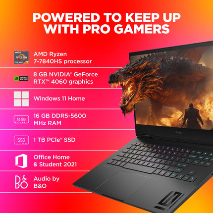 HP (Smartchoice Omen AMD Ryzen 7 7840Hs/16.1"(40.9cm) AI Gaming Laptop 7Ms Response Time(8gb RTX 4060/16GB DDR5/SSD,1TB) FHD,IPS,165Hz,300Nits(win11,Black,2.32kg),Xd0020Ax 