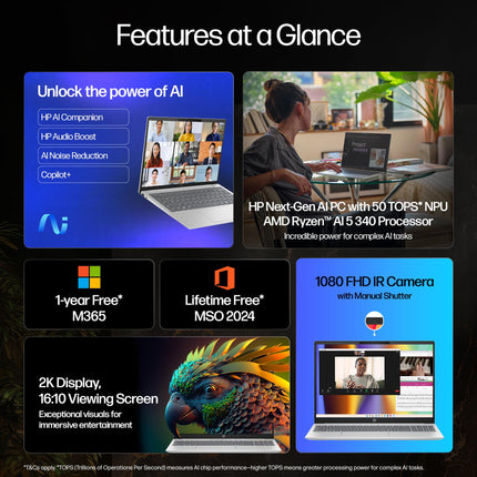 HP Smartchoice OmniBook 5 (Previously Pavilion) 50 Tops, AMD Ryzen AI 5 340 (16GB LPDDR5X, 512GB SSD) WUXGA 2K, 16''/40.6cm, Win11, Office24, Silver, 1.79kg, ag1037au, Next Gen AI Copilot+ Laptop 