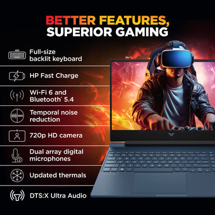 HP Smartchoice Victus, 13th Gen Intel Core i5-13420H, 4GB RTX 3050, 16GB DDR4(Upgradeable) 512GB SSD, 144Hz, 300nits, FHD, 15.6’’/39.6cm, Win11, Office24, Blue, 2.29kg, fa2190/fa2191tx Gaming Laptop 